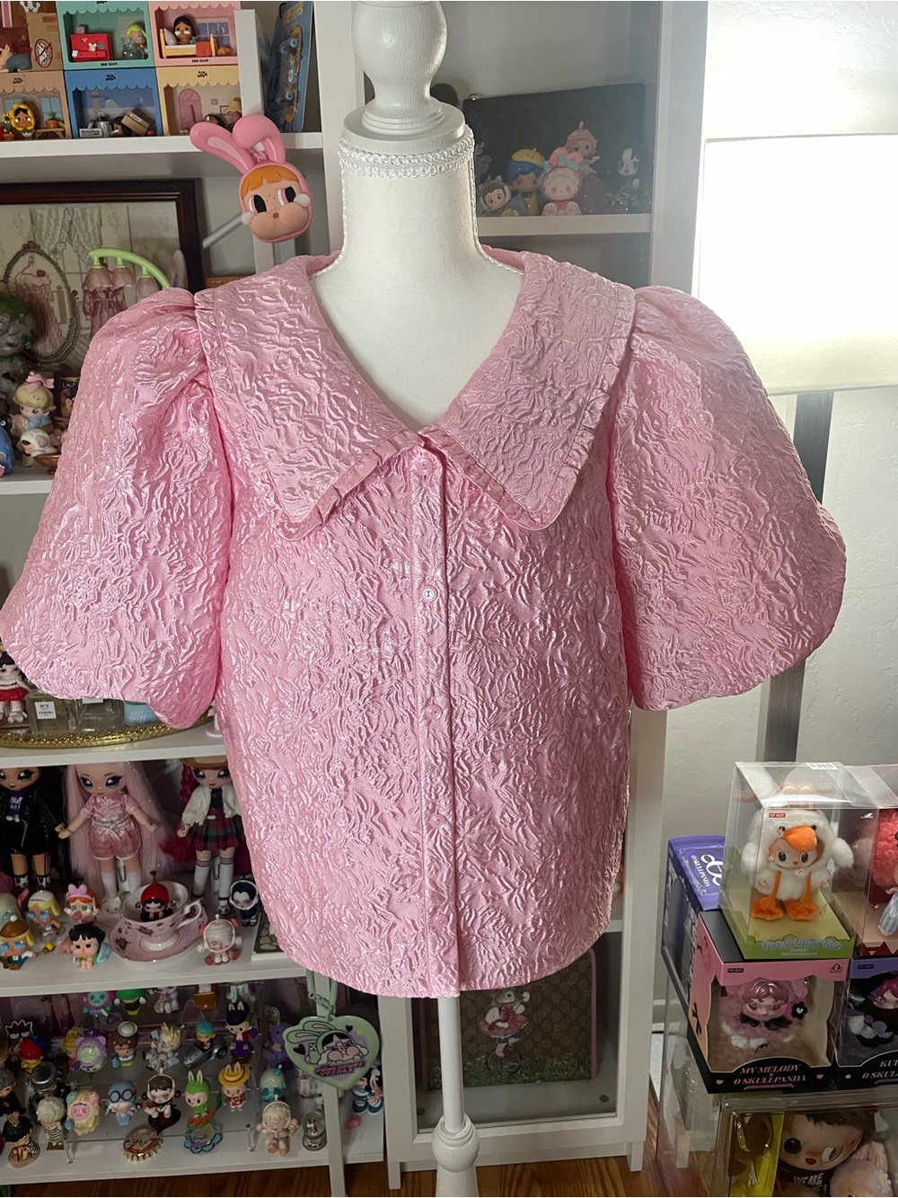 & Other Stories Pink Textured Puff Sleeve Blouse Size M NWOT Peter Pan Collar